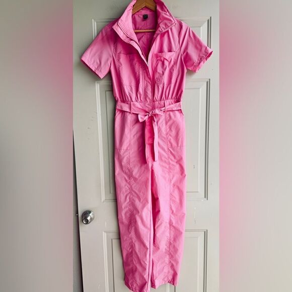 SHEIN Haute Zip Front Belted Jumpsuit Pink Sz S - Picture 6 of 10